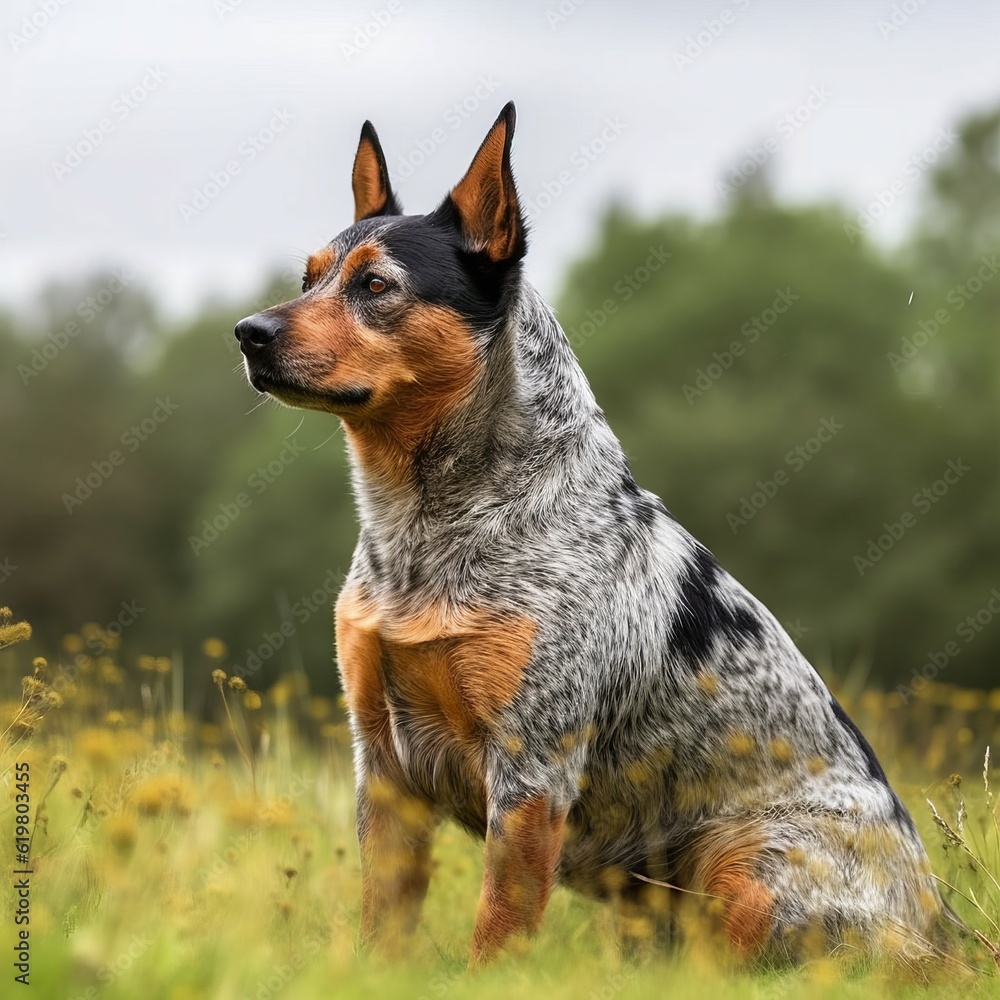 Australian Cattle Dog sitting on the green meadow in summer. Australian Cattle Dog sitting on the grass with a summer landscape in the background. AI generated illustration.