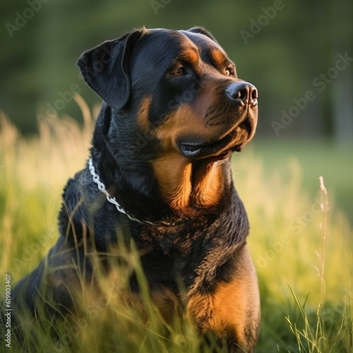 Rottweiler sitting on the green meadow in summer. Rottweiler dog sitting on the grass with a summer landscape in the background. AI generated illustration.