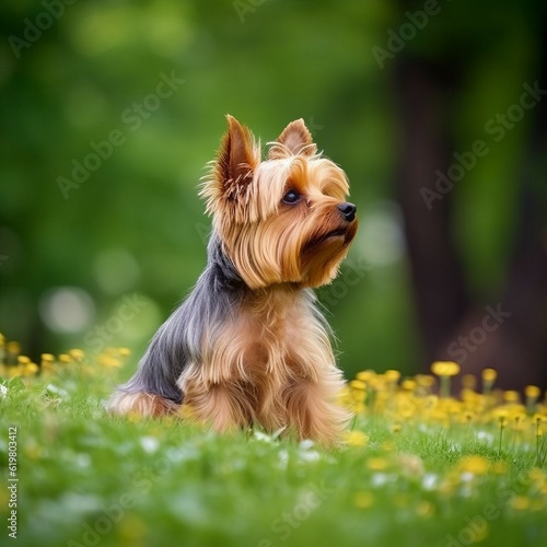 Yorkshire Terrier sitting on the green meadow in summer. Yourkshire Terrier dog sitting on the grass with a summer landscape in the background. AI generated illustration. © Valua Vitaly
