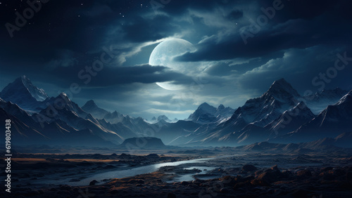 Imaginary alien landscape, planet and starry sky behind clouds over the mountain range. © ekim