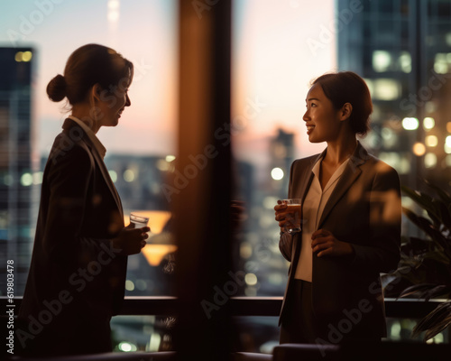 After work drinks, confident asian businesswomen smiling and laughing after work at a bar, work life balance in urban city, generative AI