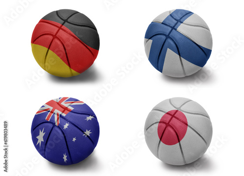 basketball balls with the national flags of germany japan finland australia on the white background. Group e