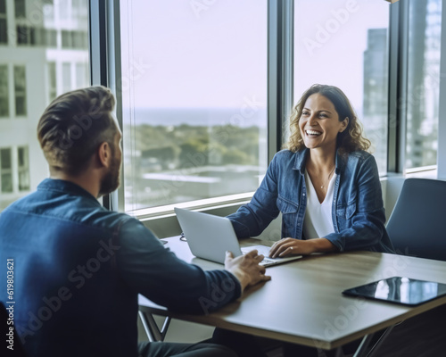 Woman manager conducting a performance review in her office with large windows, job interview survey informal discussion, AI generated