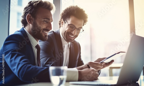 Businessmen in suits working together over laptop brainstorming sharing ideas, teamwork in corporate office generative AI