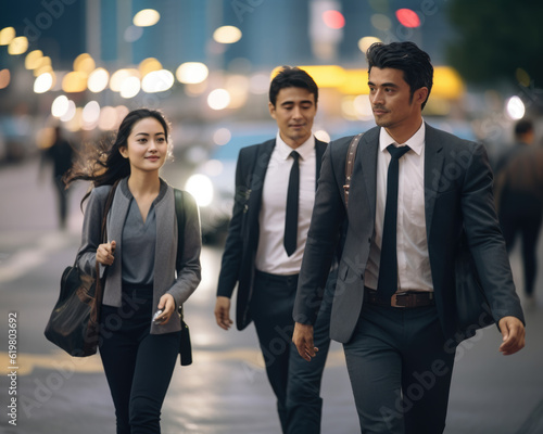 Rush hour asian businessmen business woman office workers commuting home from work, busy city life bright lights street photography generative AI