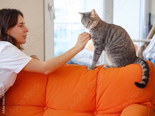 Photography Young woman is playing with her gray cat on orange sofa at home