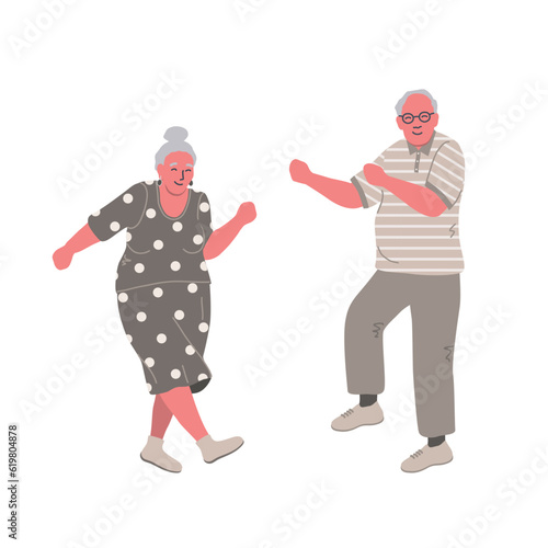 Dancing senior people. Cheerful elderly people. Old man and old woman have fun and dance. Positive active people. Vector illustration