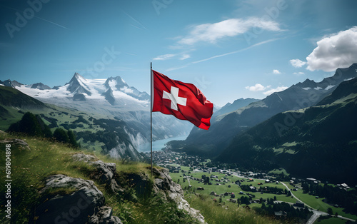 swiss flag on the swiss mountains