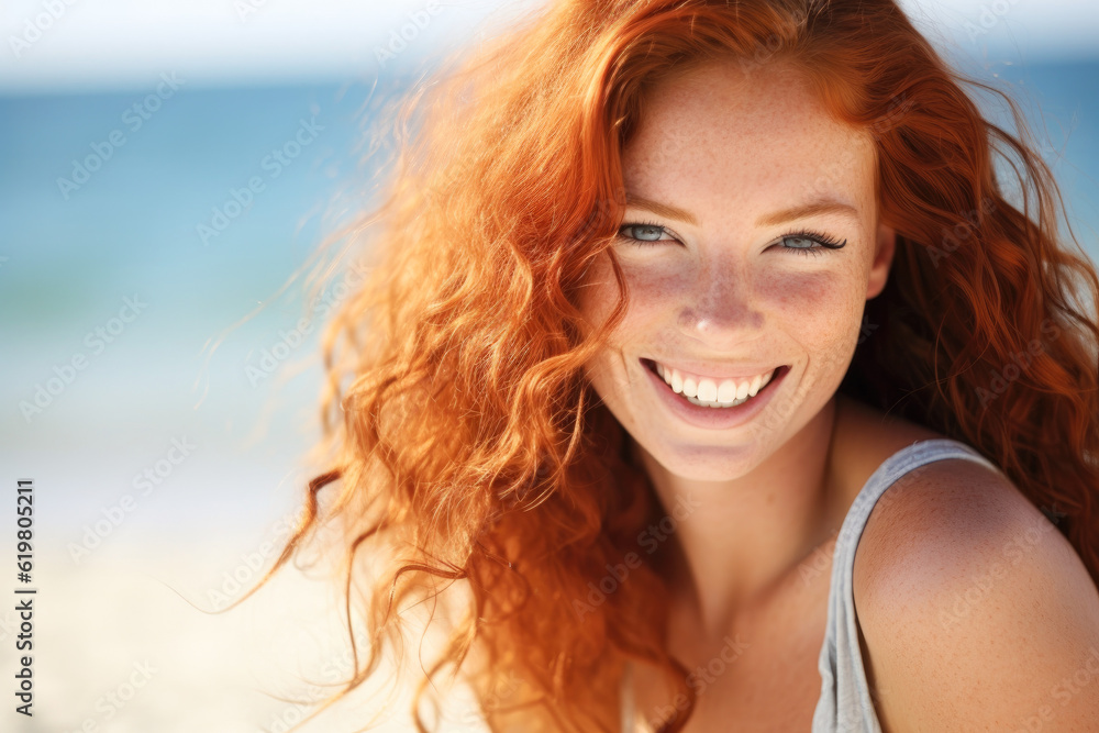 Portrait of a beautiful young red haired woman, her candid laughter radiating joy and a sense of vitality in a natural setting