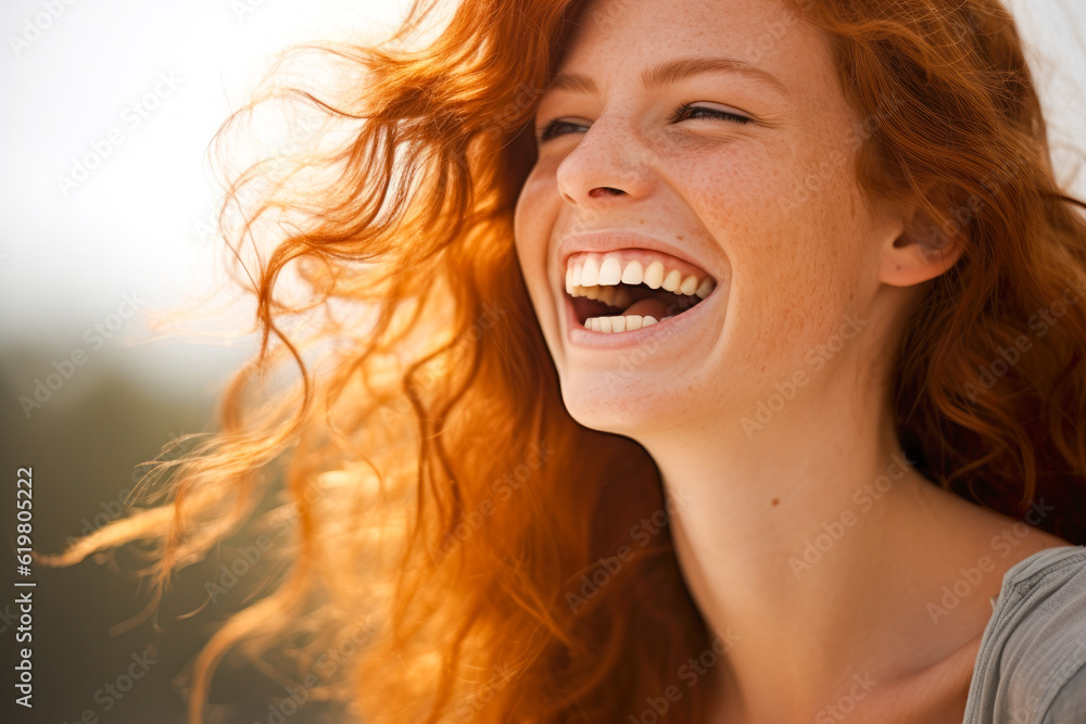 Portrait of a beautiful young red haired woman, her candid laughter radiating joy and a sense of vitality in a natural setting Portrait of a beautiful young red haired woman, her candid laughter radiating joy and a sense of vitality in a natural setting