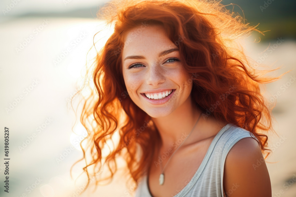 Portrait of a beautiful young red haired woman, her candid laughter radiating joy and a sense of vitality in a natural setting Portrait of a beautiful young red haired woman, her candid laughter radiating joy and a sense of vitality in a natural setting