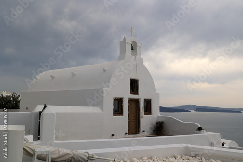 Small white church of the Cyclades Island of Santorini-Greece 
