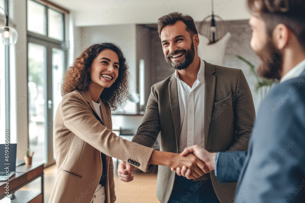 © MVProductions - Couple shaking hands with a real estate agent after purchasing a home, showing pride and excitement associated with new home ownership