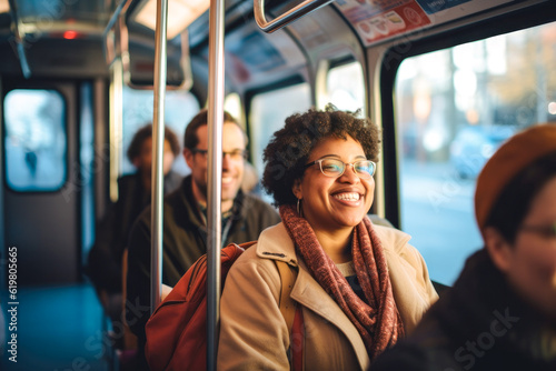 A diverse group of people commencing their morning commute on a city bus © MVProductions