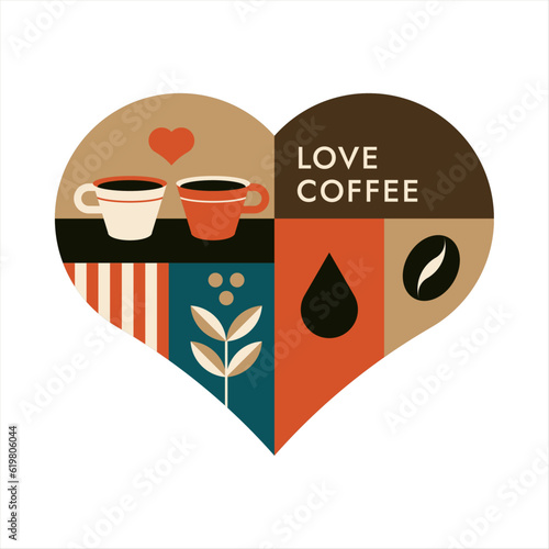heart illustration with coffee and mugs, love coffee