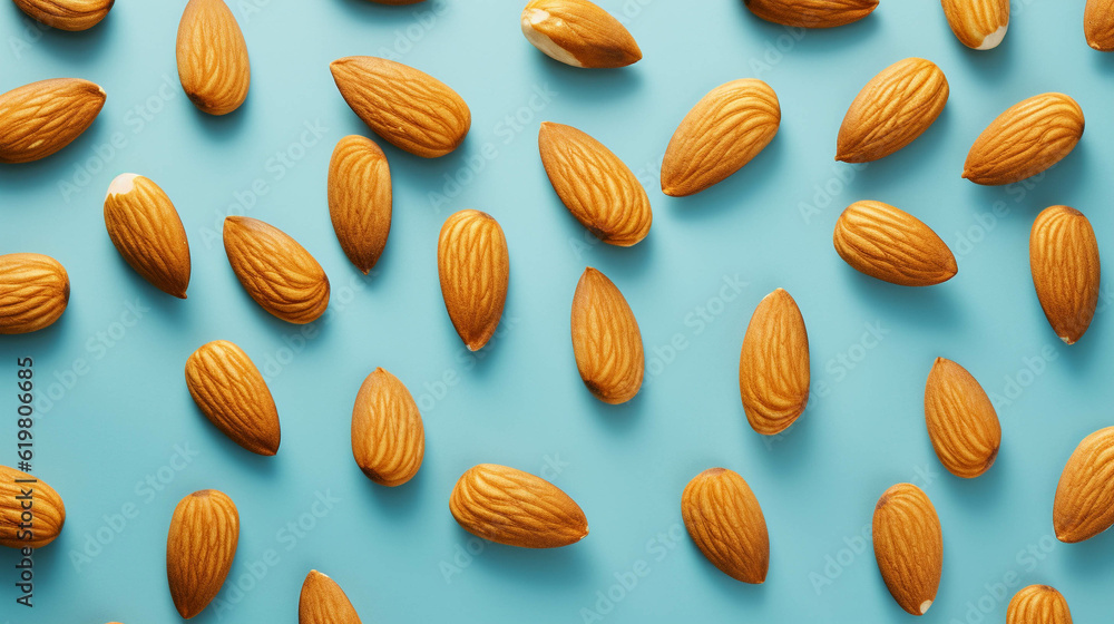 Almonds on colorful background. empty copy space on the side for text. Bright Vibrant colors. Generative AI. Almonds on colorful background. empty copy space on the side for text. Bright Vibrant colors. Generative AI.