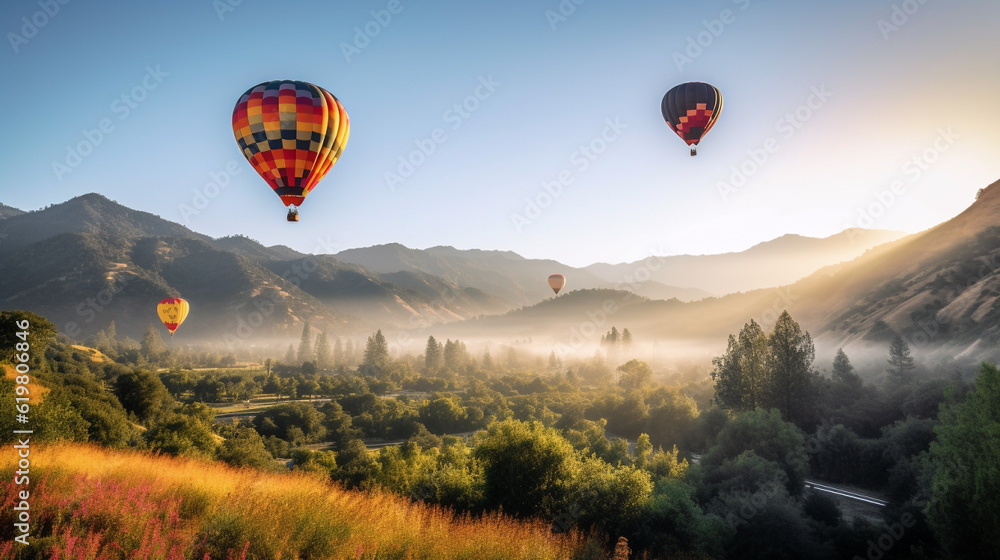 A group of hot air balloons flying over a forest , Generative AI
