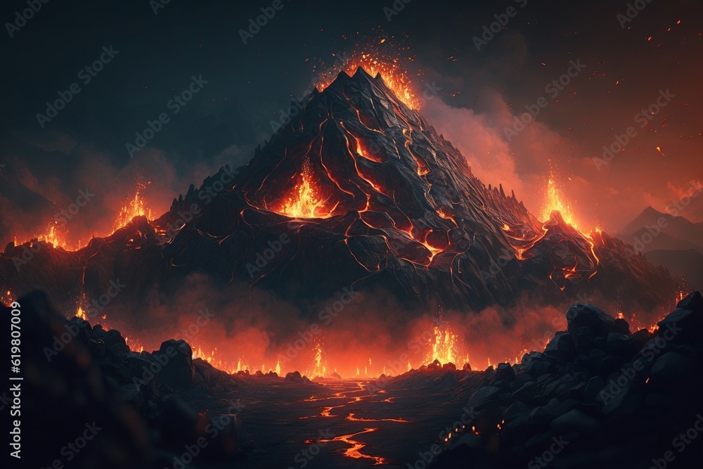 Concept of hell full of fire and mountains, Generative AI