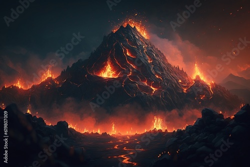 Concept of hell full of fire and mountains, Generative AI