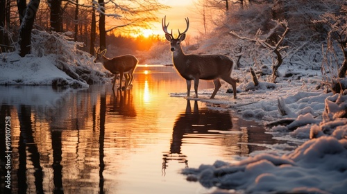 deers in the snow in the forest , ai generative
