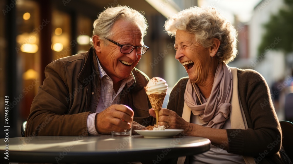 Beautiful sweet happy retired gray haired senior couple laughing, smiling, and eating ice cream, ai generative