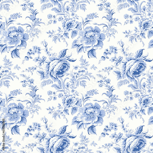 Vintage French Floral Toile Blue pattern photo