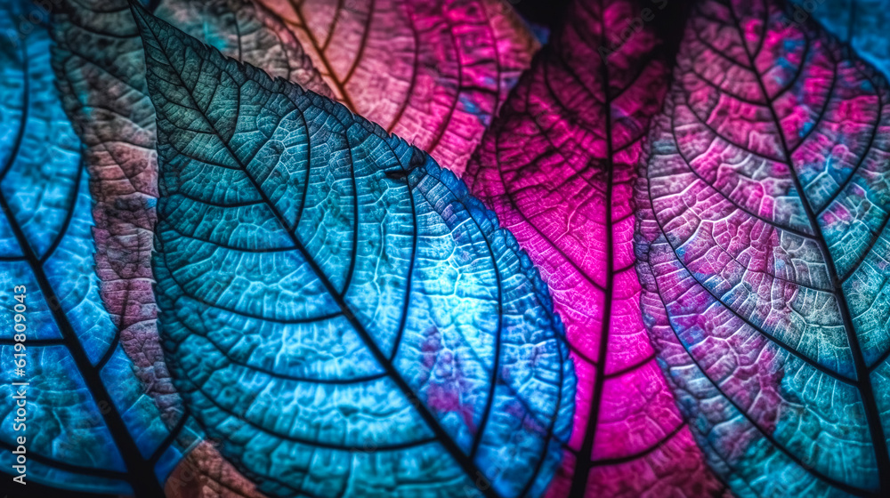 Abstract background with leaves in pink and blue, generative AI.