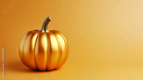 An golden pumpkin on pastel orange background. Copy space. Generative AI