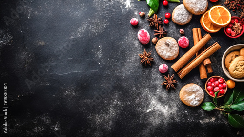 Fototapeta Naklejka Na Ścianę i Meble -  Cookies and spices on a dark background, generative AI.