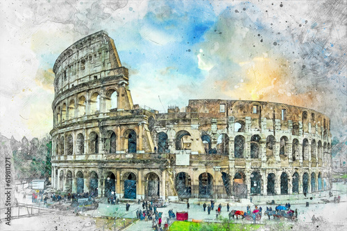 Colosseum watercolor view in Rome of Italy