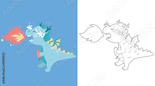 Coloring baby dragon crying and spit a fire suffering from hot spices. Cute dragon vector illustration. Coloring activity for children. Printable colouring page. 