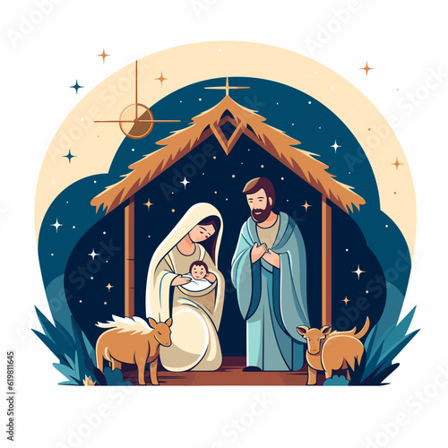 Holy Family Nativity Scene, Lettering Vector Illustration