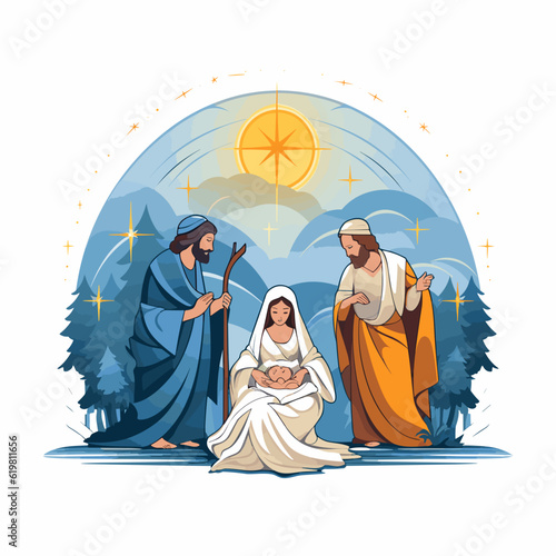 Holy Family Nativity Scene, Lettering Vector Illustration