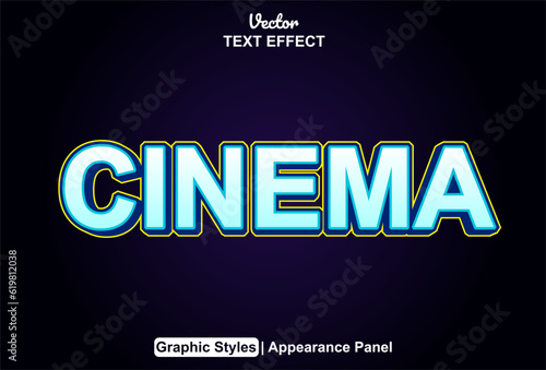 cinema text effect with blue color graphic style and editable.