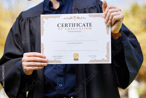 University, hands and closeup of graduate with degree with mockup space for achievement. Scholarship, college and zoom of student or person holding certificate or diploma with template for education.