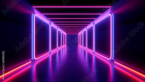 Abstract futuristic 3d neon glowing in the dark background, Neon lines or rays minimalist stage background. virtual cyberspace neon lighting wall. Generative AI.