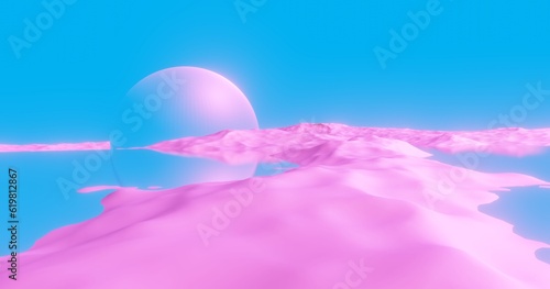 Fantasy landscape of other world  pink mountain valley and blue water. Digital painting 3d rendering