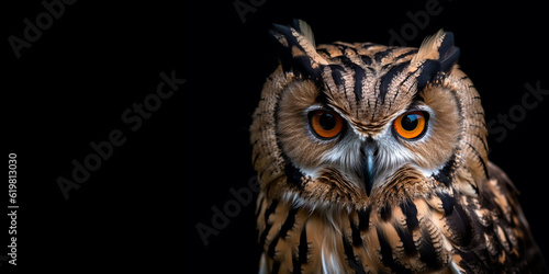 Owl portrait on isolated black background and closeup. Generative AI © Tatiana