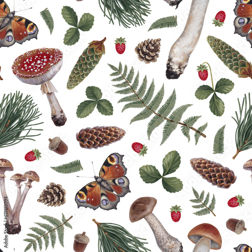 Hand painted botanical pattern design with acrylic illustrations of forest nature. Cottegecore style. Perfect for  fabrics, wallpapers, apparel, home textile, packaging design, posters, stationery