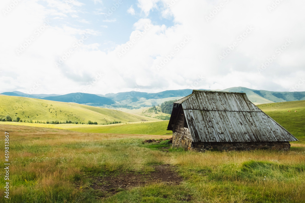 Amazing green pastures and small farmer hut in the hills of resort Zlatibor  Serbia
