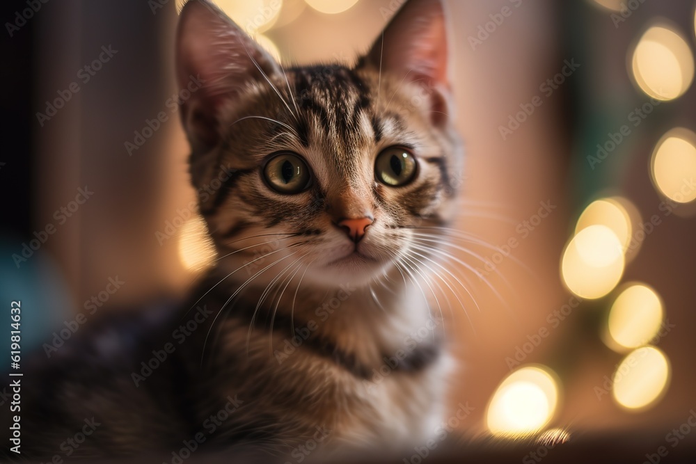 Portrait of a cute young kitten with pink nose on a bokeh background. Generated Ai.