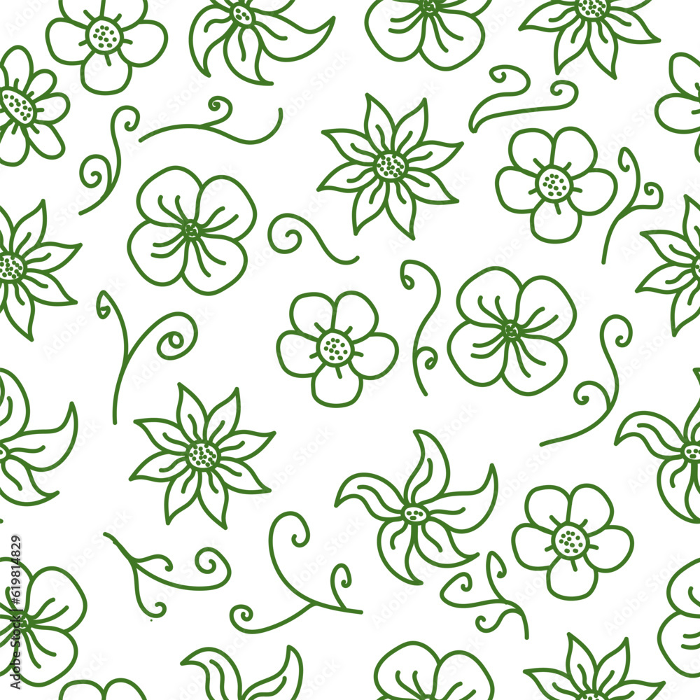 Hand drawn seamless pattern with green flowers vector design. Perfect for textile prints Hand drawn seamless pattern with green flowers vector design. Perfect for textile prints