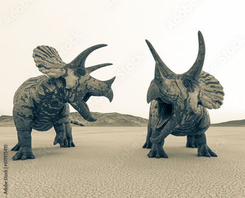 two triceratops are calling the others in the desert on the afternoon close up view © DM7