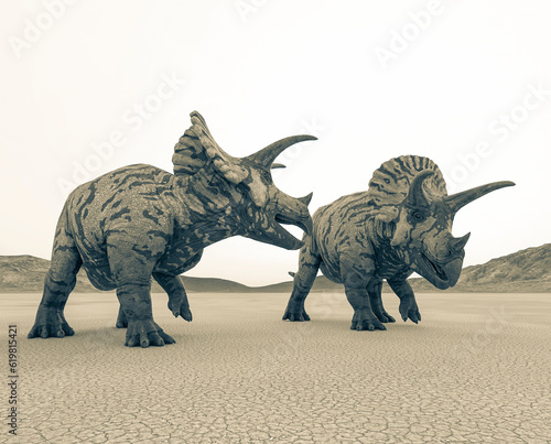 two triceratops are walking in the desert on the afternoon
