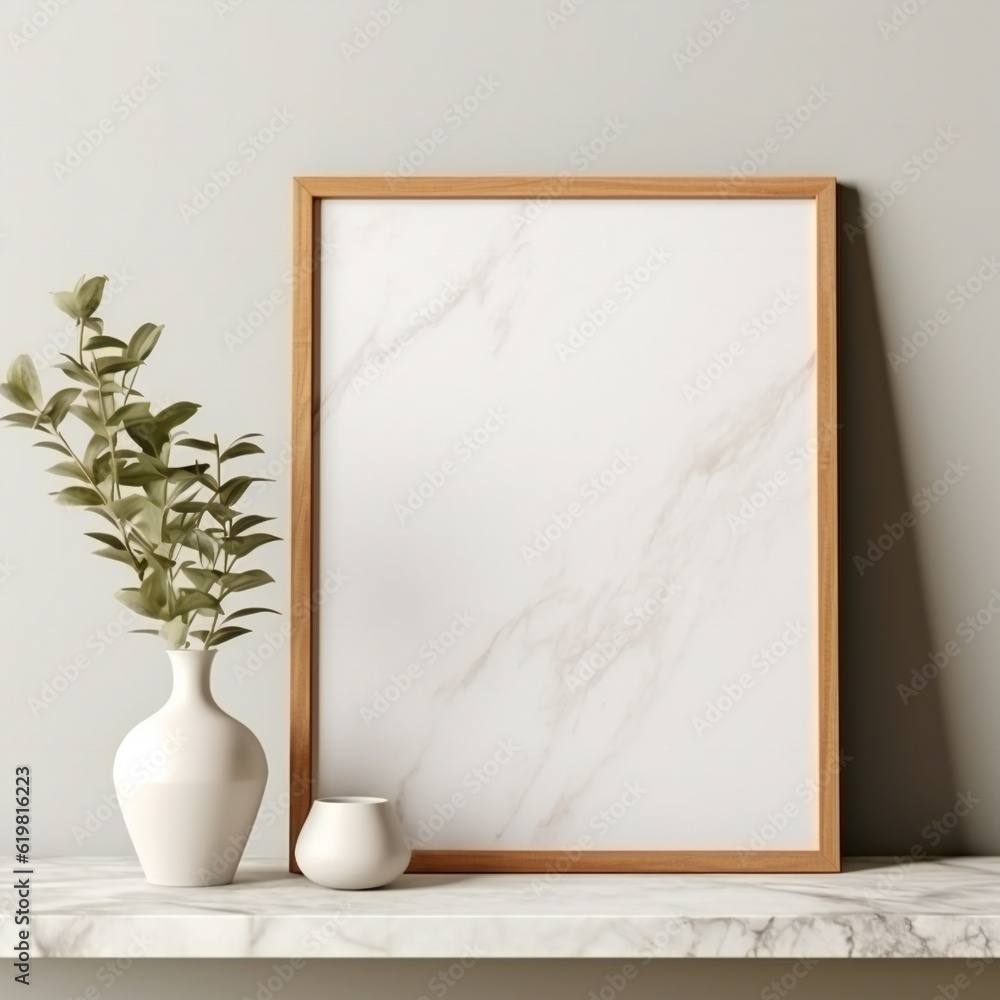 Blank white picture art frame mock up design showcase on table Generative AI Blank white picture art frame mock up design showcase on table Generative AI