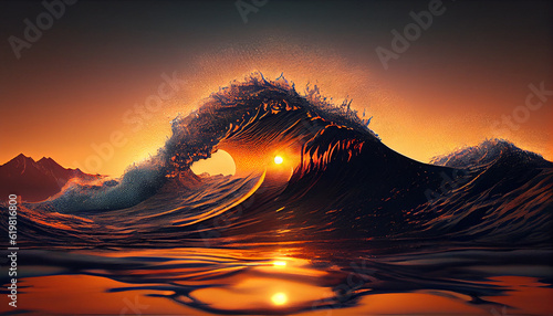 beautiful view of ocean waves with sun sets wallpaper Generative Ai technology