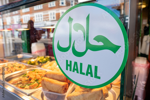 Halal sign in food stall in Tooting, south west London