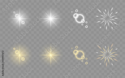 Set of the light, spotlight, starlight elements. Glow isolated white and gold transparent light effect set, explosion, line, sun flash, spark and stars, shiny glints, sunbeams. Vector illustration