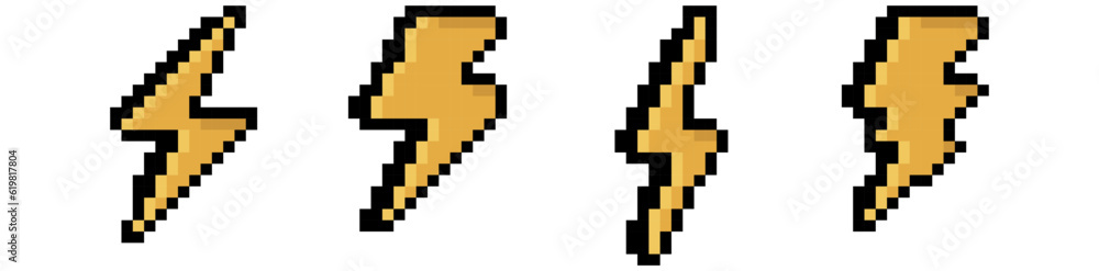 Lightning Set icons. Flash pixel different icons. Vector illustration
