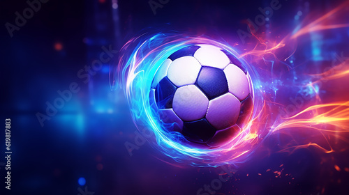 Fotografia Fiery Soccer Ball In Goal In Flames, neon lines soccer ball light background